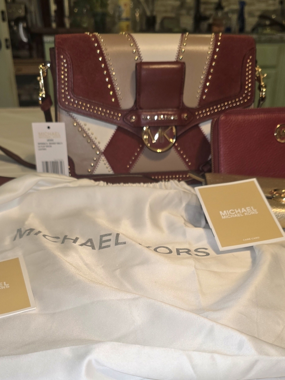 Michael Kors Burgundy and Cream Patchwork Studded Crossbody